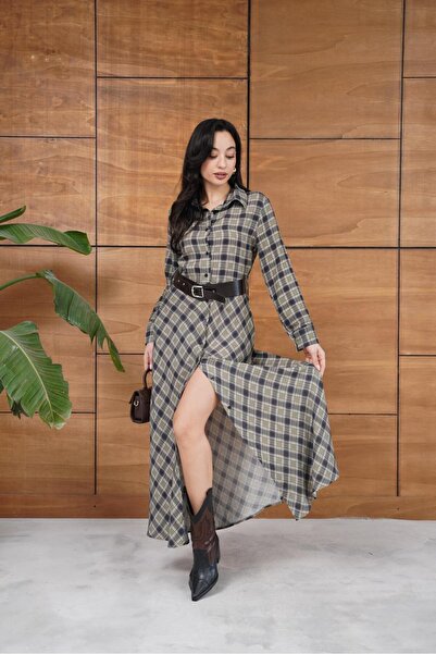 Nazline Women's Plaid Patterned Belted Buttoned Long Dress