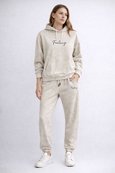 MARKATEM 3Iplik Pamuklu Sırt Printed Bisiklet Yaka Oversized Hoodie Sweat Pan...