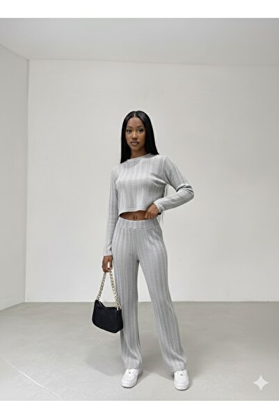 THEBEK Winter Ruffle Modal Bottom Top Crop and Pants Set