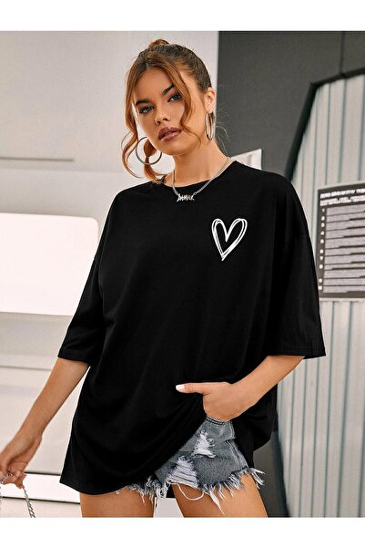 EYAX MODA Tricou oversize imprimat cu inimă mică de damă