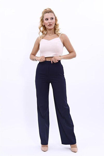 ÖNDER ÖZSOY بنطلون نسائي مريح واسع الساقين بخصر مطاطي - أزرق داكن