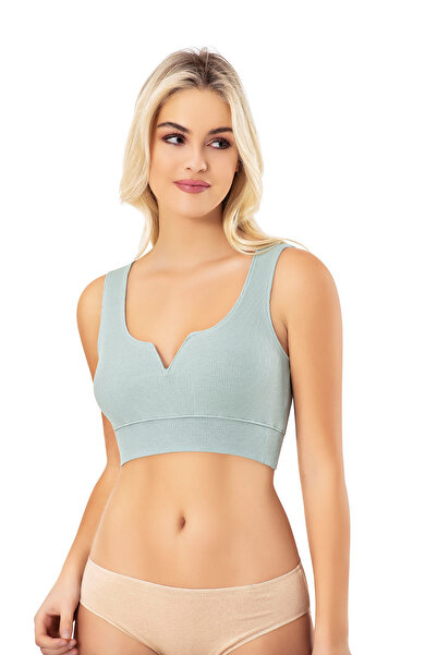 Arseno Women's Combed Cotton Ribbed Knit Pads Deep V-Neck Detail Bustier Gree...