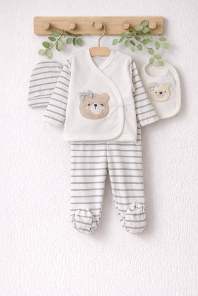 Arin Baby 5-Piece Gray 100% Cotton Newborn Baby Girl Hospital Discharge Set with Bow and Bear Pattern