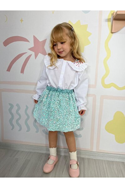 YİGİT BUTİK Set pentru fetiță cu fustă din catifea și cămașă brodată