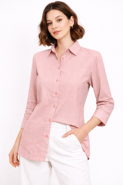 Nuevo Kadın Pudra Keten Gömlek | Fit Kesim, Uzun Kollu, Düğmeli, Günlük & Ofi...