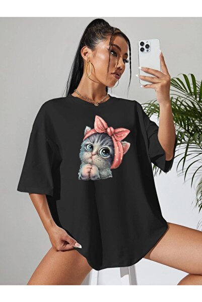 EYAX MODA Tricou supradimensionat cu imprimeu Cute Cat de damă