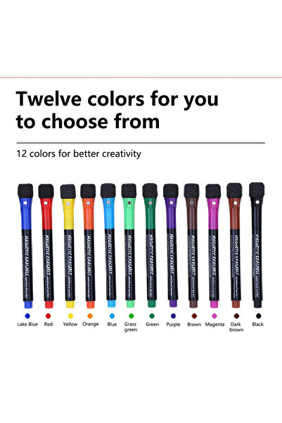 Choice أقلام سبورة بيضاء مغناطيسية قابلة للمسح الجاف، ١٢ لونًا، مع ممحاة.