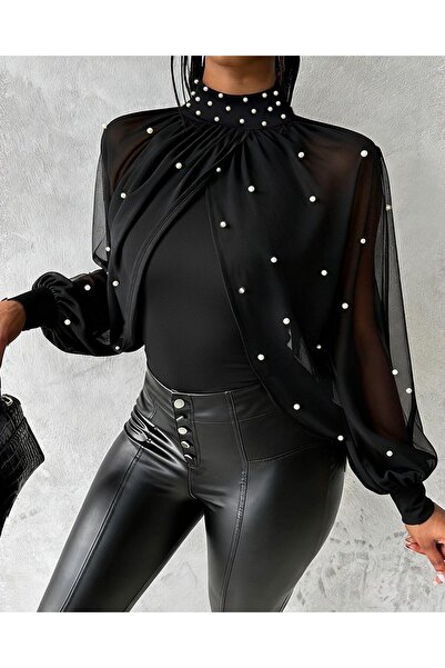 Modayakamoz Yeni Sezon Kadın Balıkçı Yaka İnci Detaylı Pelerin İthal Krep Bluz