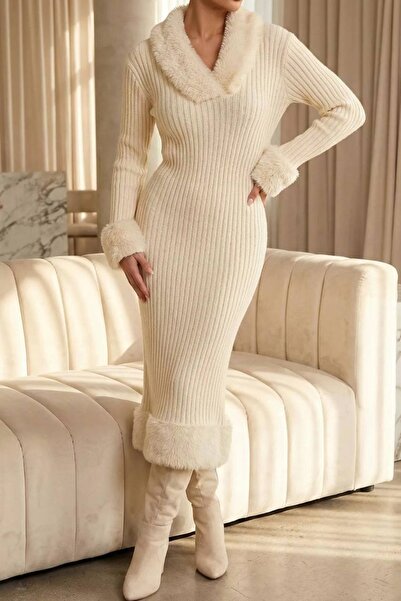 Safgiyim44 Women's Soft Bearded Knitwear Dress - Cream