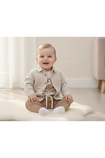 Babyhola Bayramlık Erkek Bebek Üçlü Takım Pilot Tavşan Baskılı Badi Gömlek Pa...