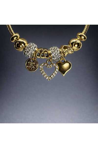 Zenska Jewelry Gold Renk Zirkon Taşlı Kalp Figürlü Chearm Detaylı Kelepçe Bil...