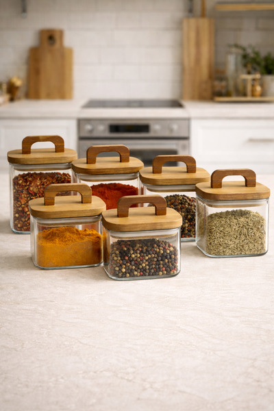 Kitchen Way Acacia Gasket Lid 6-Piece Borosilicate 750ml Square Jar Set Kw-776