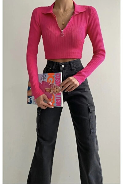 My Blog Pink Semi-Zip Corded Fabric Knitwear Blouse
