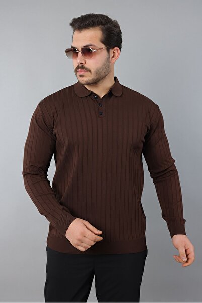 masso Men's Long Sleeve Polo Neck Buttoned Striped Knitwear