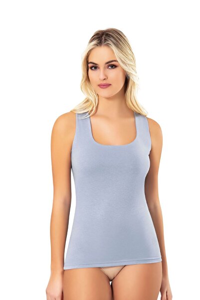 Arseno Women's Square Neck Detailed Thick Strap Cotton Design Tank Top Blue -...