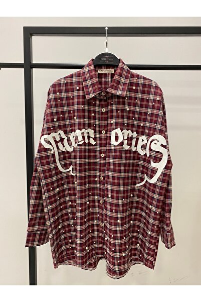 Hatun Atila Women's Text Printed Plaid Shirt with Pearl and Stone Detail 12121