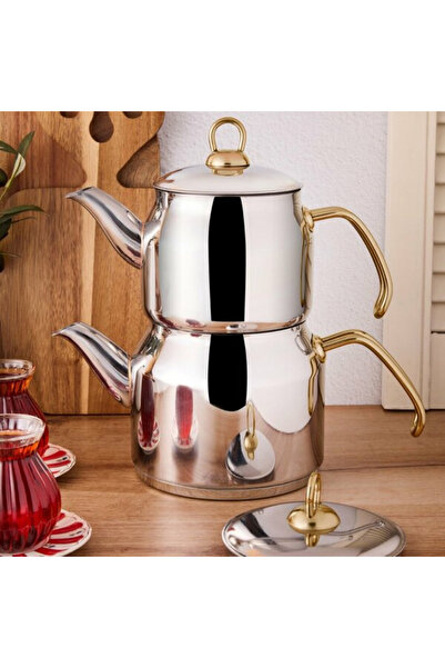 EnTrenDD Peroti Çaydanlık Takımı Çelik Tahtakale Gold Kulp Aile