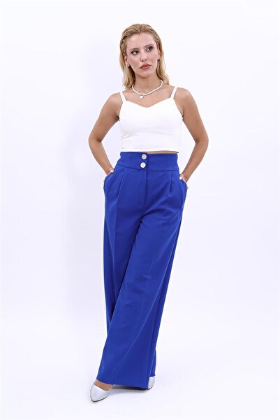 ÖNDER ÖZSOY بنطلون نسائي باليزو ذو خصر عالٍ للغاية - أزرق بلون الكوبالت