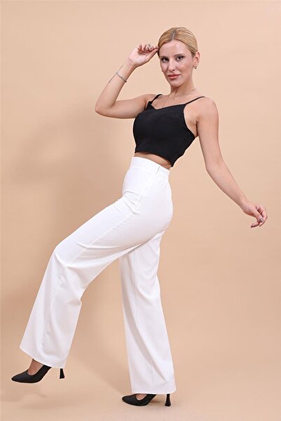 ÖNDER ÖZSOY بنطلون نسائي مريح واسع الساقين مع خصر مطاطي - أبيض