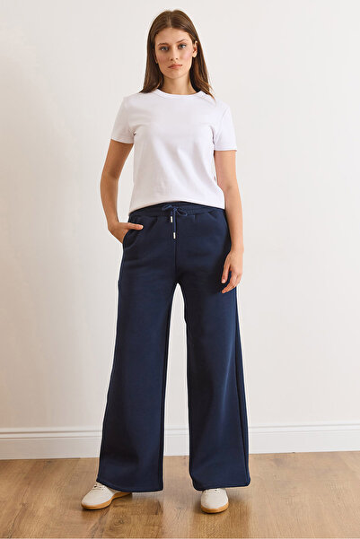 Olalook Women's Navy Blue Waist Lace-Up Pockets Wide Leg Fleece-Lined Thick S...