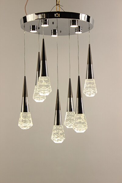 GN GEN AYDINLATMA Krom Çemberli Seri 7li Estetik Kristal Başlıklı Konik Moder...