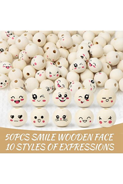 Choice 50pcs 50pcs 10 Styles Wooden Beads with Face, Wooden Balls with Face 2...