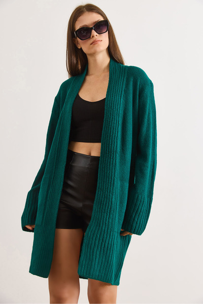 Olalook Women's Petrol Green Pocket Detail Collar Detailed Soft Textured Knit...