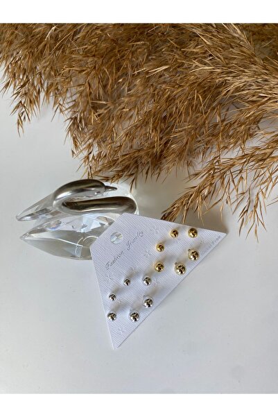 Tasarım Minik Boy Top Küpe Çeliktir Kararmaz Gold Gümüş Birarada