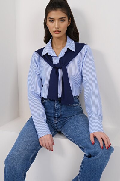 Trend Alaçatı Stili Women's Blue Self-Fixed Shawl Detailed Striped Poplin Shi...