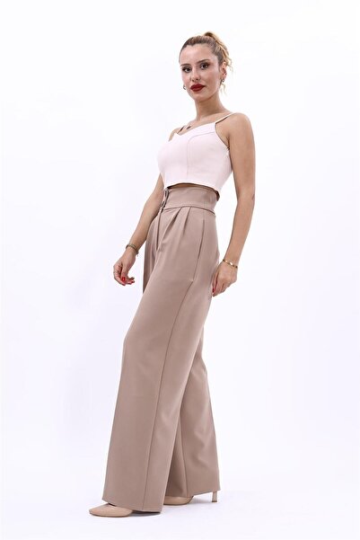 ÖNDER ÖZSOY بنطلون نسائي بخصر عالٍ جدًا وطيات - حجري