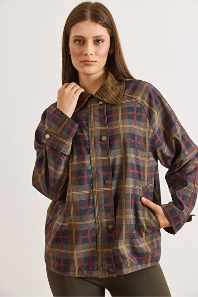 Olalook Women's Brown Velvet Collar Lined Pocket Plaid Jacket Ckt-19000506