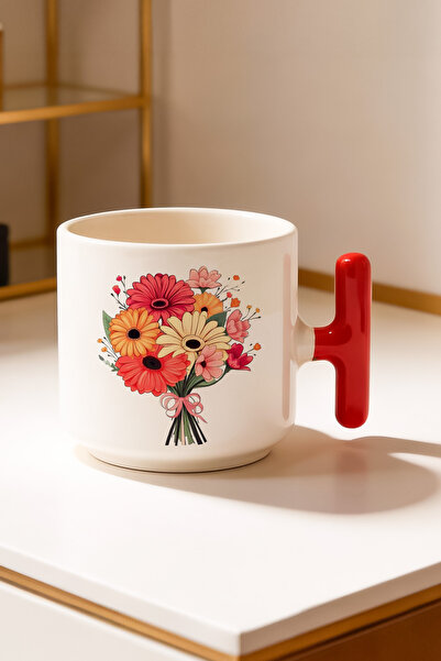 BB TRADE Red T-Handle Ceramic Printed Mug Cup with Colorful Flowers Design 25...
