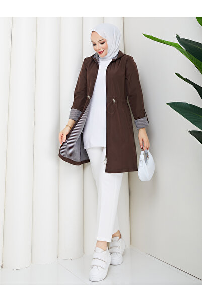 MEHDENEFE İç Detayı Çizgili Kapüşonlu Beli Lastikli Trençkot MDE905010