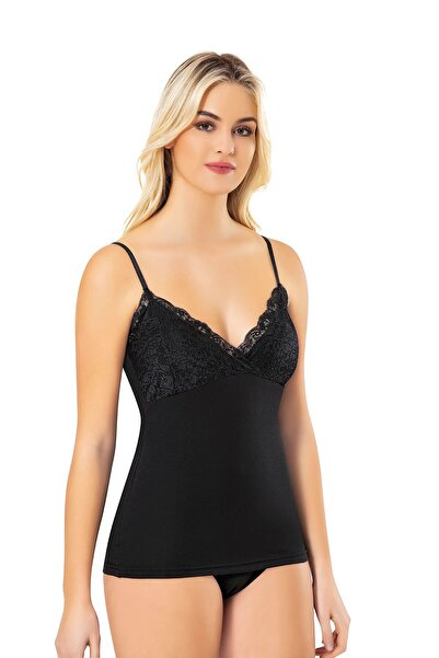 Arseno Γυναικείο Βαμβακερό Φανελάκι με Δαντέλα και Κορδόνια Μαύρο - Μαύρο - A...