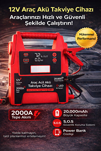 Ecuy Taşınabilir Araç Akü Takviye Cihazı Powerbank&LED El Fenerli 12V Araç Ak...