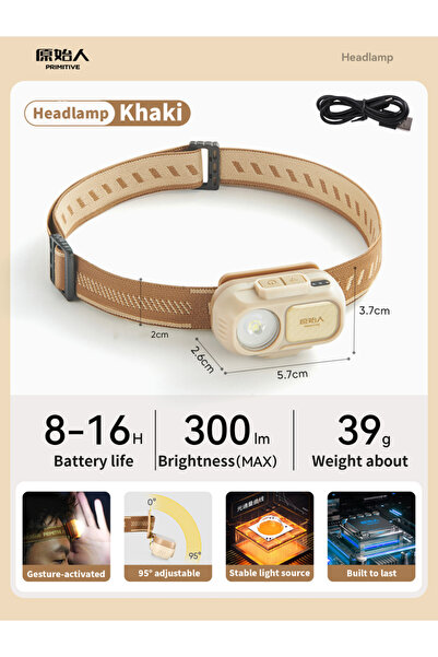 Choice مصباح رأس للتخييم من نوع كاكي بريميتيف، مقاوم للماء، مزود بمستشعر حركة...