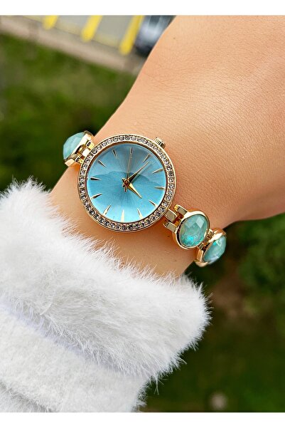 Weluxa Gold Color Turquoise Dial Glittering Beads Embellished Women's Wristwa...
