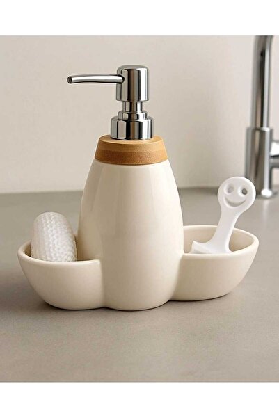 Home Porcelain White Liquid Soap Dispenser - Kitchen Countertop - with Brush and Sponge Gift - 500 ml