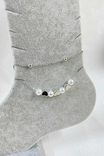 NKIE JEWELS فضية اللون لؤلؤة القلب نموذج الكرة وسلسلة Sf خلخال الصلب - 3261