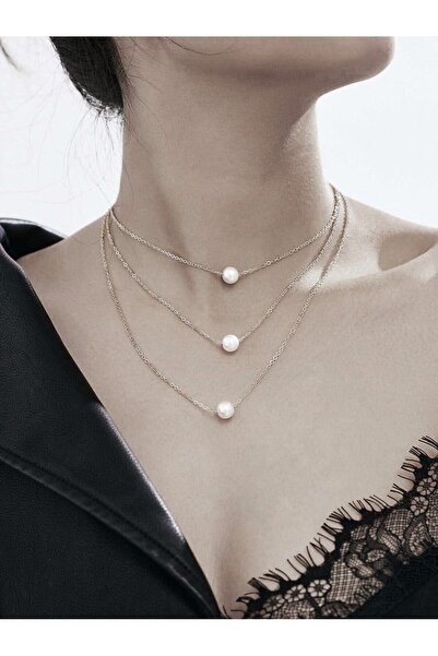 NKIE JEWELS Silver Color Three Layered Three Pearl Necklace - 2127