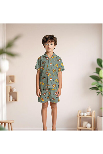 zahider Set de pijamale de vară din bumbac, cu nasturi, cu imprimeu de leu, c...