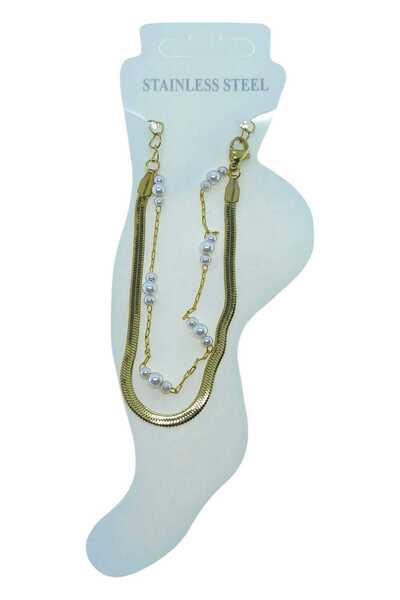 NKIE JEWELS خلخال من الفولاذ الإيطالي 3 لؤلؤ باللون الذهبي - 3491