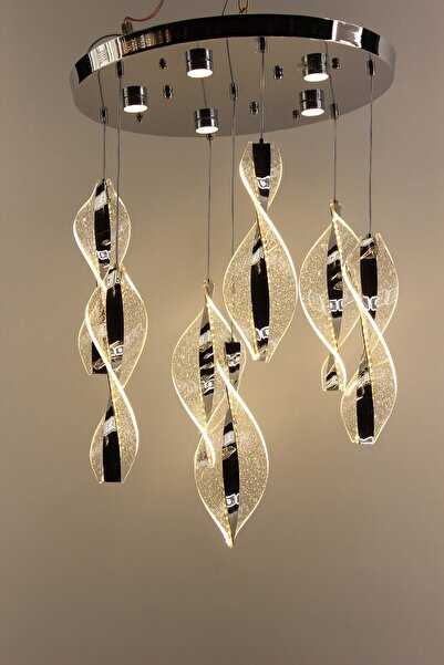 GN GEN AYDINLATMA Gümüş Çemberli Seri Simli Dönence Model 7li 3 Renk Led Avize