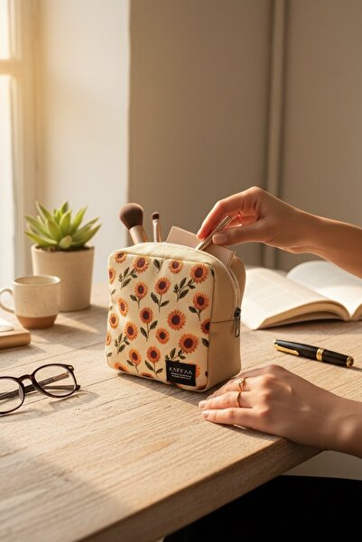 KAFFAA Sunflower Patterned Large Volume Makeup Bag - Organizer