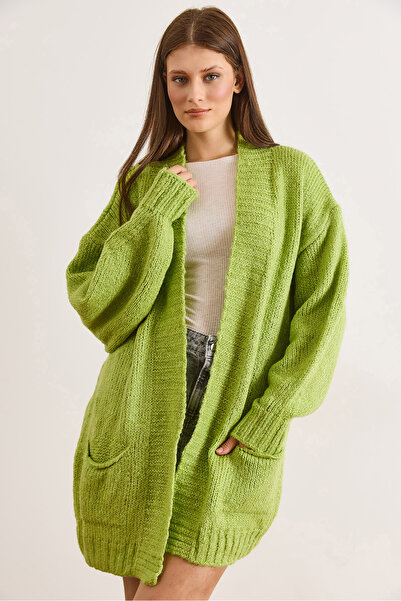 Olalook Women's Pistachio Green Pocketed Soft Textured Knit Cardigan Hrk-1900...