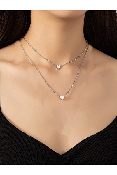 LEUR STORE Silver Color Two Layer Star and Heart Necklace - 2129 (Lisinya)
