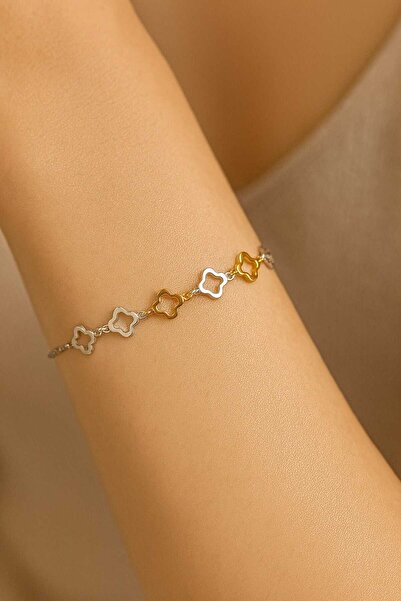 LEUR STORE Gümüş Renk Van Cleef Zincir Sarı Beyaz Asansör Çelik Bileklik - 3622