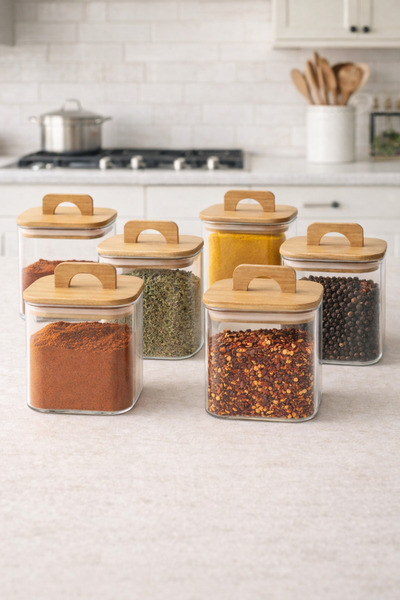 Kitchen Way Set of 6 Borosilicate 750ml Square Jars with Bamboo Gasket Lids K...