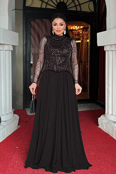 giyimmasalı فستان شيفون بتفاصيل مطرزة من الأعلى - أسود