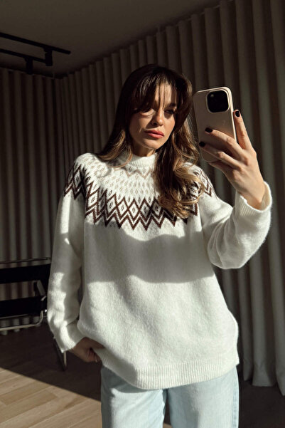 Sue Store Ecru Bitter Brown Collar Oversized Patterned Knitwear Sweater